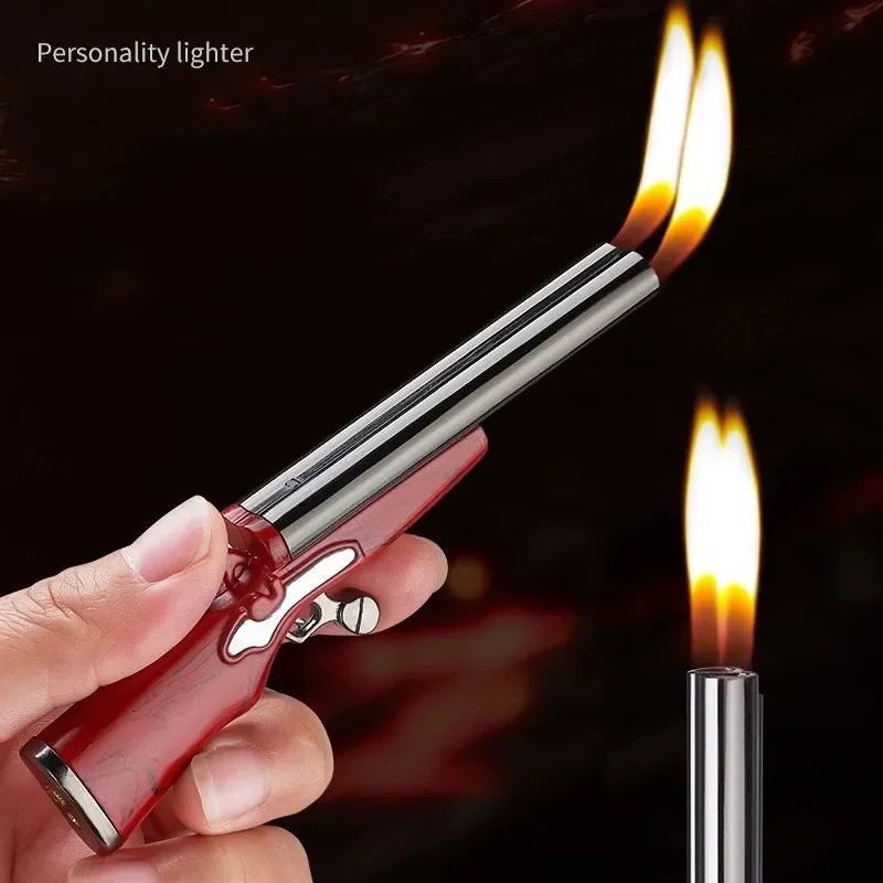 Mini Gun Type Dual Flames Lighter Refillable Butane Gas Open Flame Lighters Cigarette Accessories Gifts for Men Smoking Gadgets