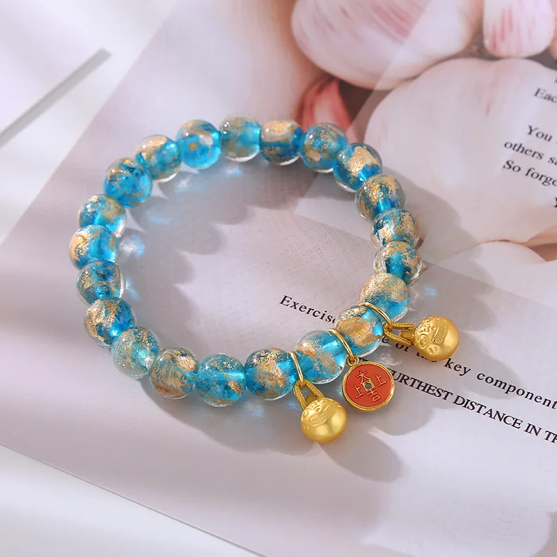 New Chinese Style Retro Temple Wenchuang Gold Foil Glaze Bracelet Female Gold Swallowing Beast Duobao Beaded Girlfriend Gift