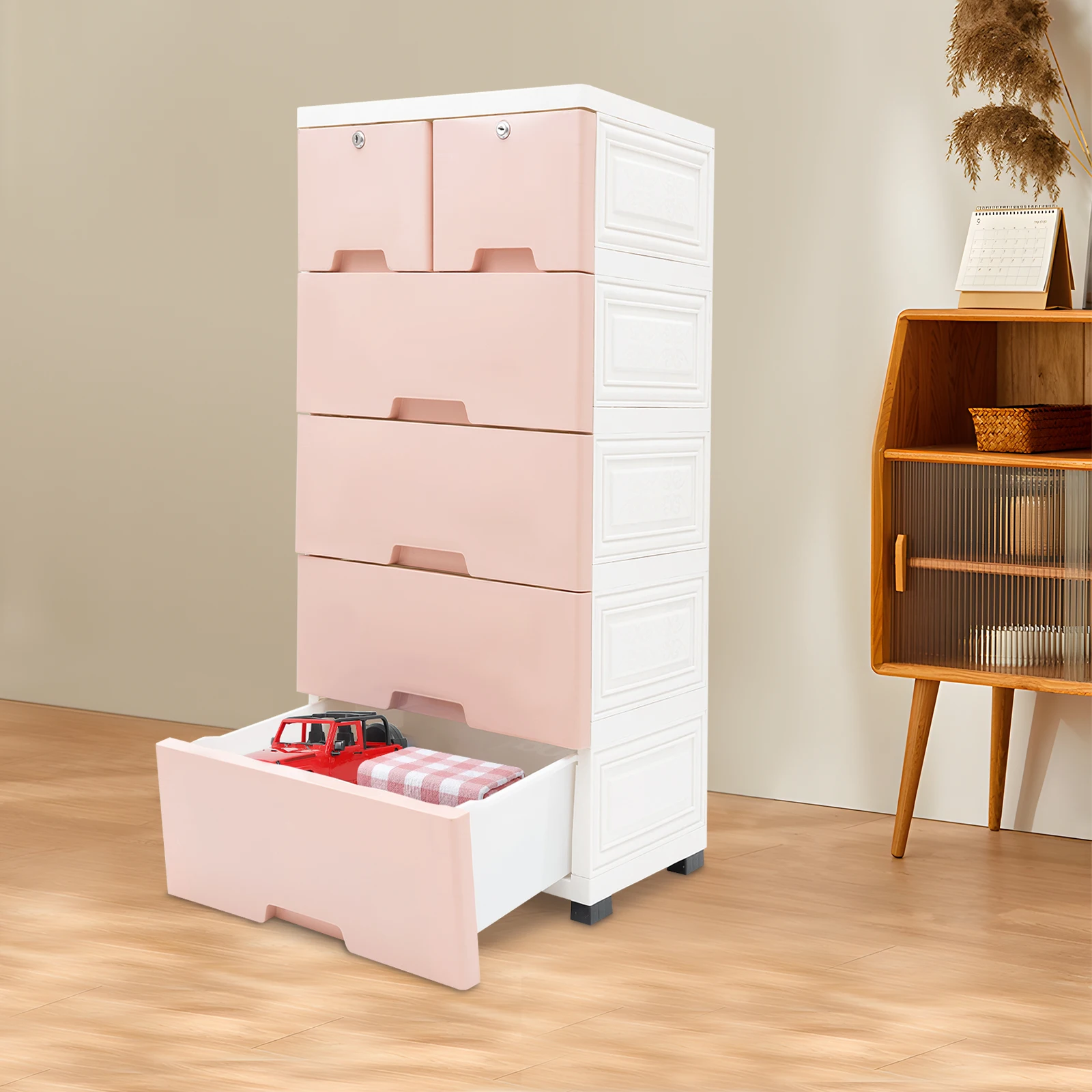 

6 Drawers Storage Organizer, Plastic Cabinet Dresser Clothes, Bedroom, Pink Versatile Storage Cabinet with Wheels and Lock