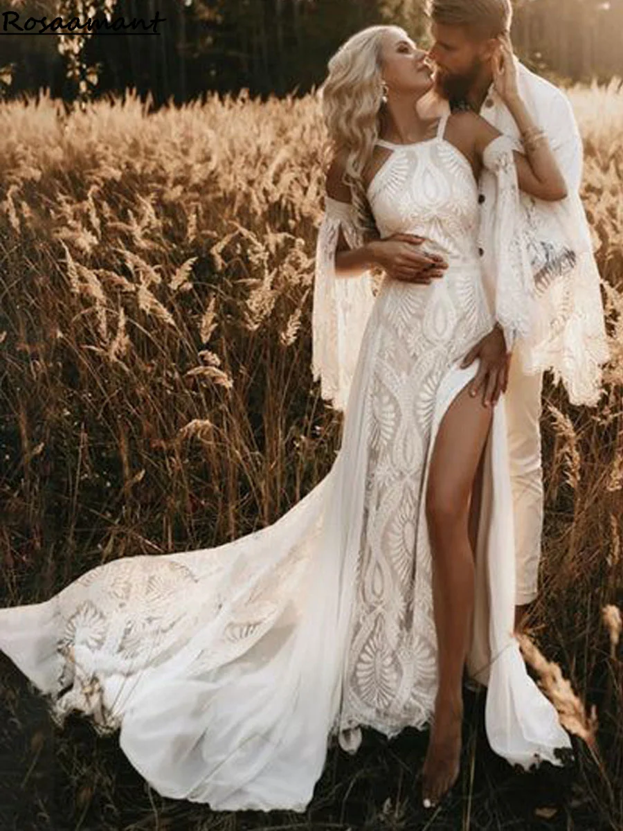 Boho Halter Neck Lace Mermaid Wedding Dress 2026 Open Back Vintage Rustic Beach Bride Gown Bohemian