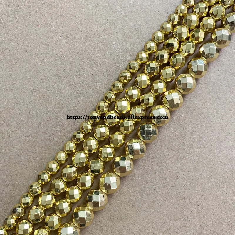 Faceted Shining Gold Color Plated Natural Hematite Stone Round Loose Beads 4 6 8 10 MM 15\