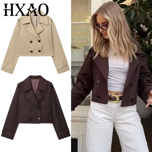 HXAO-gabardina corta marrón Chocolate para mujer, abrigos de manga larga de gran tamaño, chaqueta cruzada, prendas de vestir exteriores, otoño