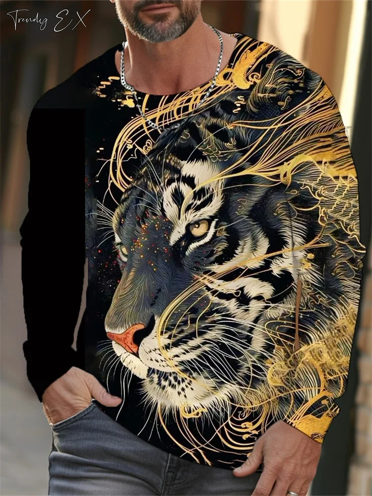 Men\'s T-Shirts 3D Tiger Print Streetwear Harajuku Fashion O-Neck Graphic T Shirts Tops Casual Sport Long Sleeve Gym Clothing Men