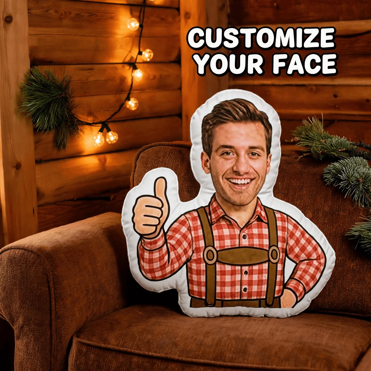 Custom Face-Shaped Pillow, Personalized Photo Man in Red Plaid Shirt Thumbs Up Decorative Cushion, Unique Home Decor Accent for