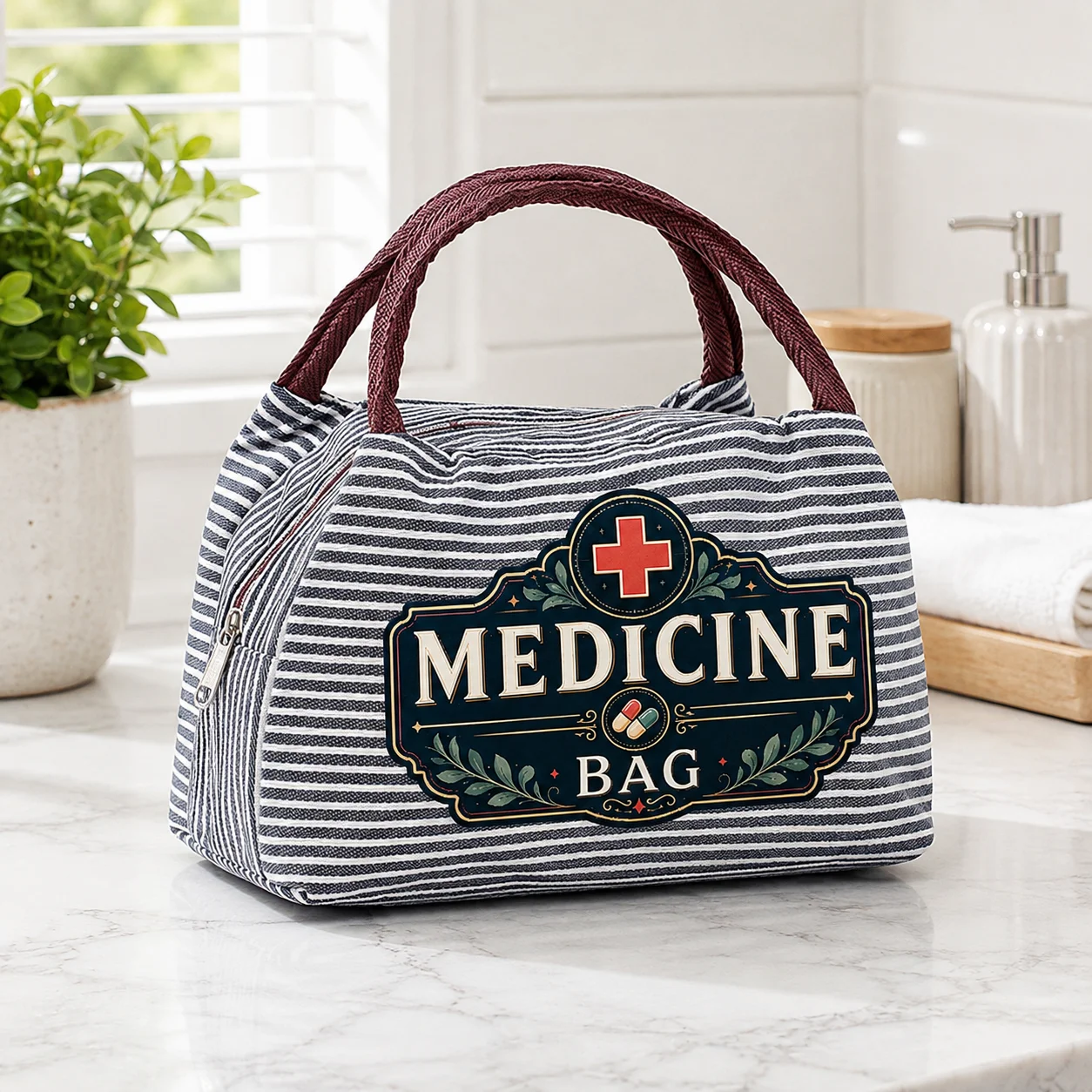 Striped Travel Cosmetic Bag, Portable Multi‑Purpose Storage Pouch, Medicine Toiletry Organizer Handbag for Daily & Vacation Use