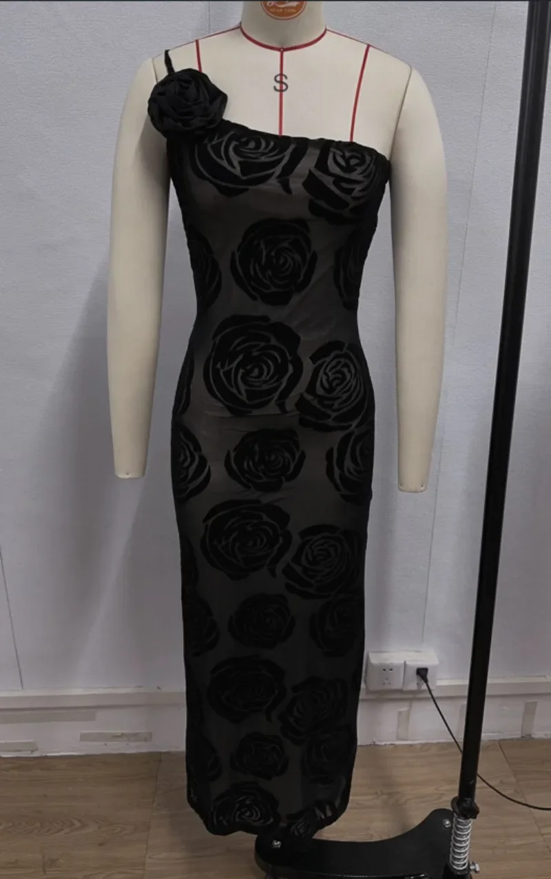 Elegante Rosa Jacquard Longo Maxi Vestido Feminino, Malha Pura, Um Ombro, Sem Mangas, Sem Costas, Bodycon, Festa Noturna, Clubwear, Sexy