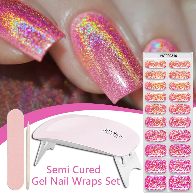 

4pcs/set Sparkly Shinning Semi Cured Gel Nail Strips with Nail Dry Holographics Gel Nail Stickers with UV Light Starter Kits