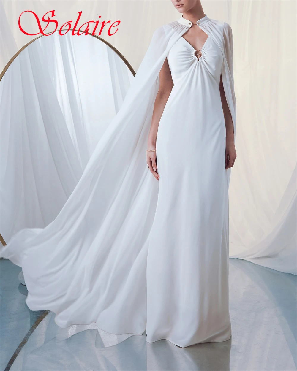 Robes de bal en mousseline de soie élégantes personnalisées, Simple, col haut, châle, robe de soirée classique, traîne de balayage, robes d'occasion sur mesure