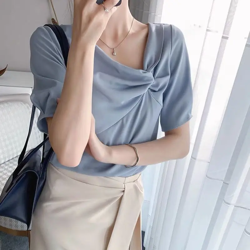 All-match Youth White Pleated Shirt Tops Summer New Trend Short Sleeve Solid Color Elegant Blouse Fashion Korean Women Clothing