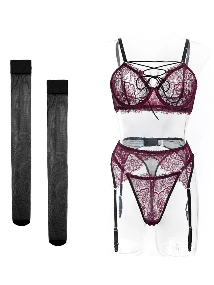 Belamimi Erotic Lingerie with Stockings Lace Eyelash See-through Sexy Body Shaping Gather Together Seductive Hot Women Bra Set
