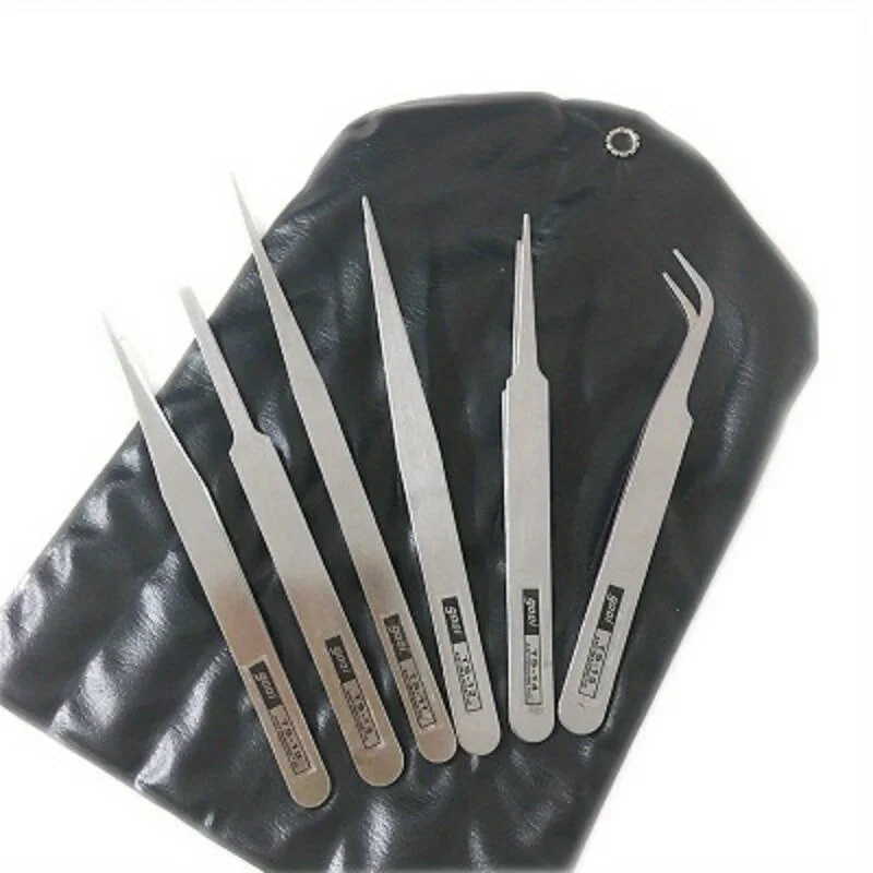 6Pcs Stainless Steel Tweezers Repair Tool Industrial Precision Bent Straight Tweezers Repair Tool