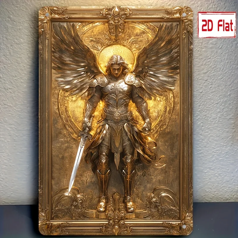 2D flat metal sign featuring the golden wings of the Archangel Michael, vintage art decorative poster, pre-drilled for easy hanging, suitable for home, garage, club, restaurant wall decoration, outdoor sign, no electricity required