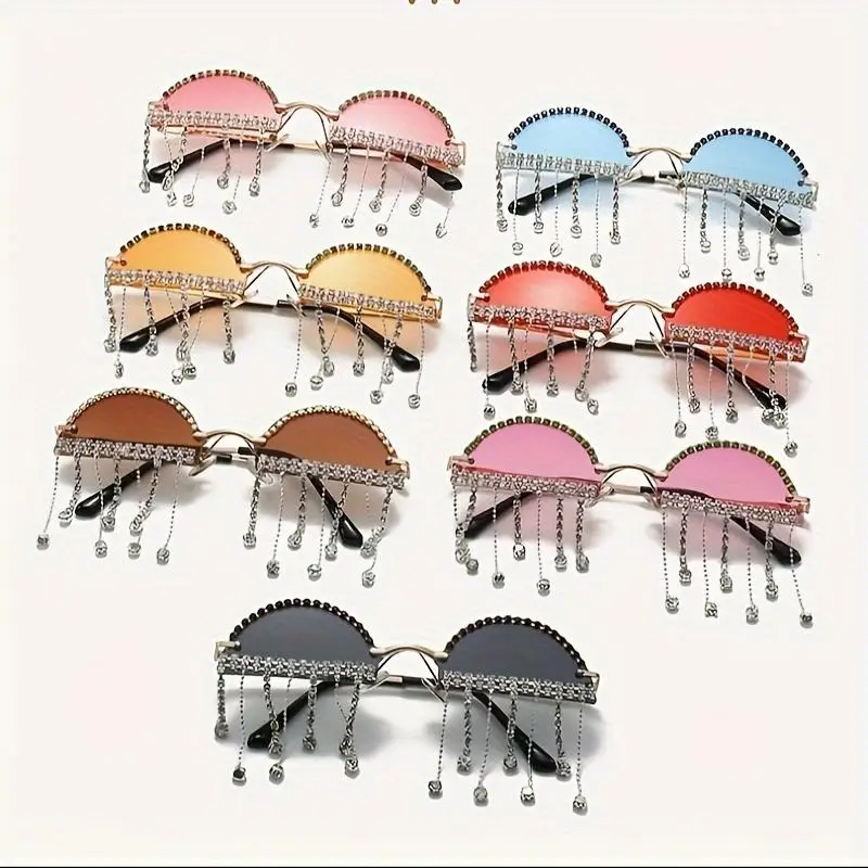 【iioo】Oculos-de-sol-com-corrente-e-strass-Oculos-decorativos-para-fotografia-de-rua-Oculos-de-sol-para-festas-e-palcos