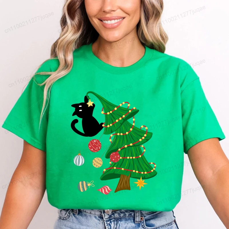 

Christmas Cat What Print T-Shirt Women Clothing Summer Harajuku Short Sleeve Tees Shirts Graphic Y2k Tops Aesthetic Clothing