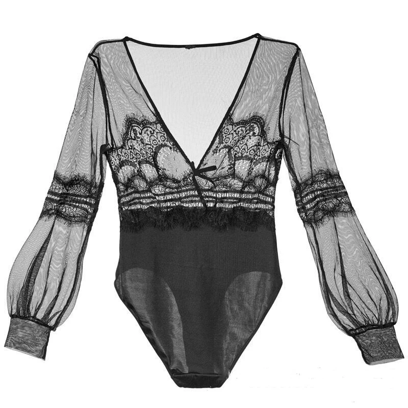 Bodysuit elástico para fotografia de maternidade, macacão de tecido macio, decote em v, manga de renda preto, adereços fotografia