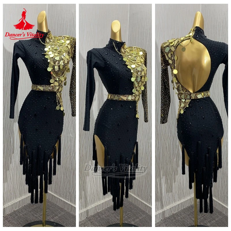 

Женские латинские танцевальные платья с высоким воротом и длинными рукавами для взрослых и подростков, с бахромой, для самбы, джайва, сальсы, на заказ