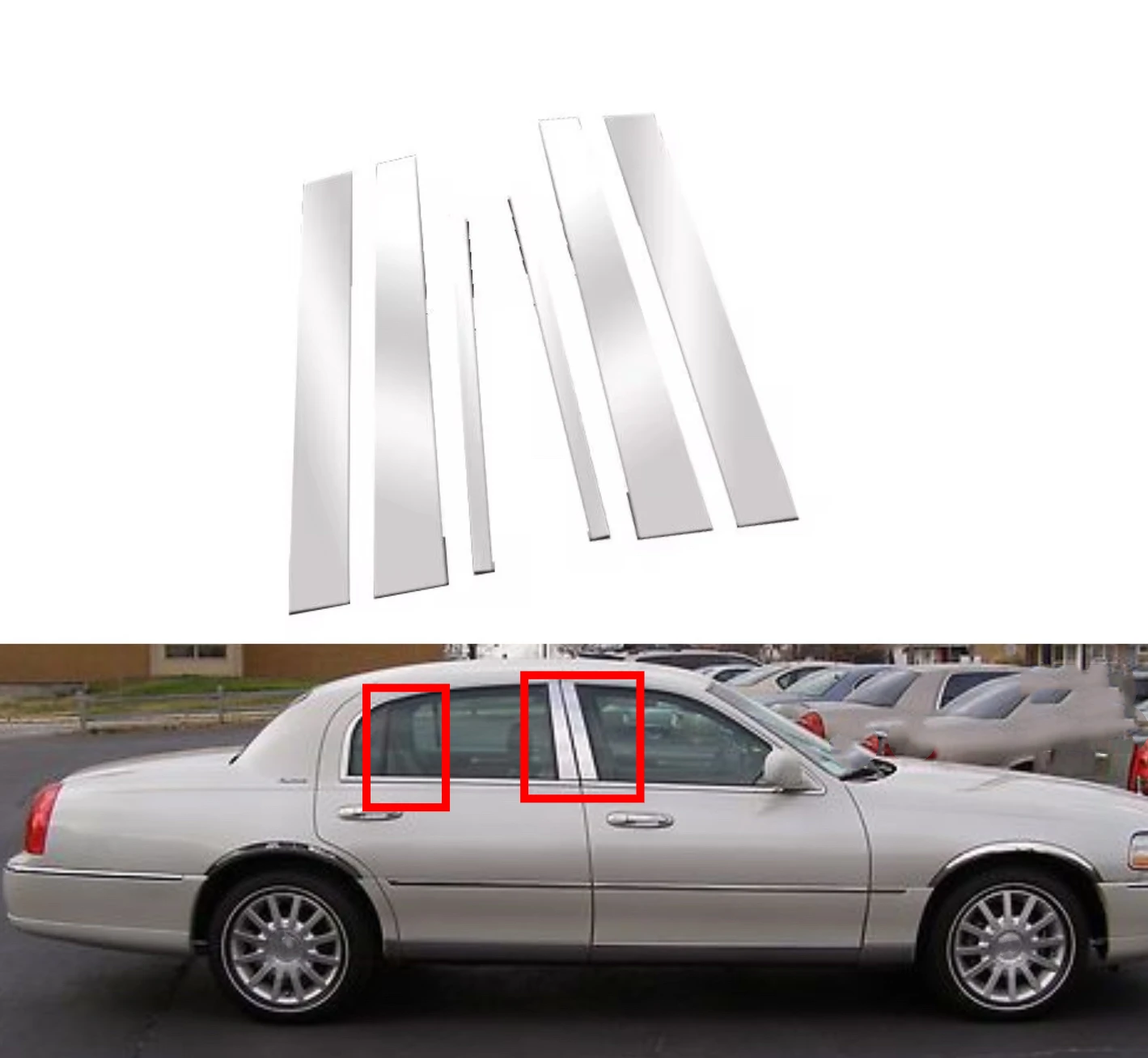 

6PCS Chrome Plated Silvery Pillar Posts Fit For Lincoln Town Car 1998-2011 Door Trim Window Cover Sticker Decal