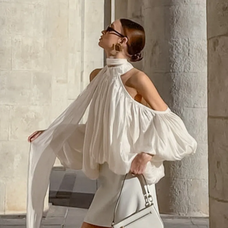 

Элегантная дизайнерская повседневная блузка для женщин с открытыми плечами, драпировкой и шарфом, офисная женская рубашка, новинка 2026 года