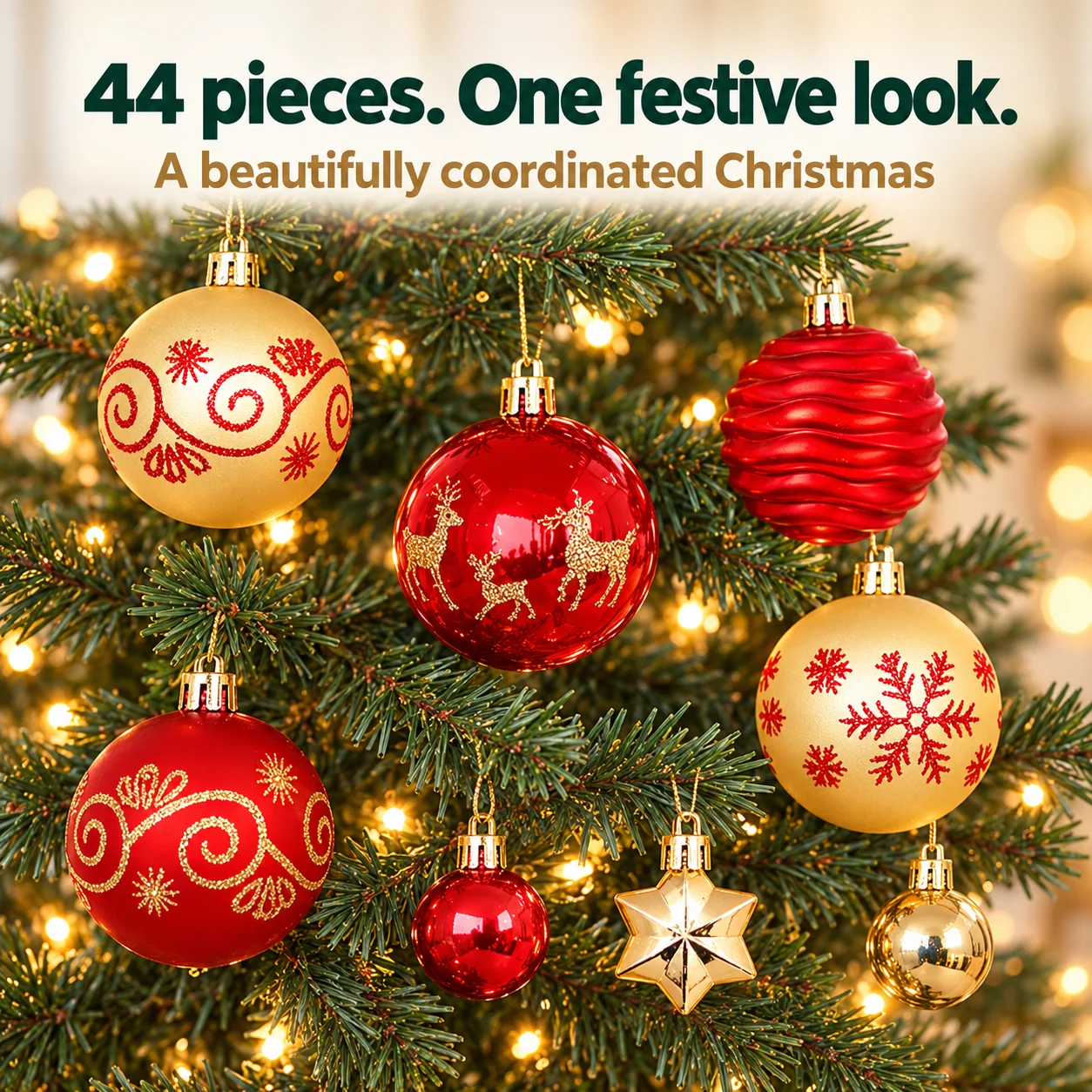 44pcs Christmas Tree Ornaments Set, Matching Christmas Balls & Stars, 3cm & 6cm Hanging Decorations for Home