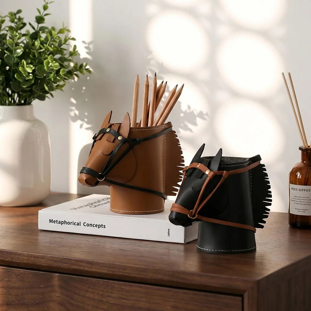 Luxury Leather Horse-head Storage Box Bedroom Makeup Brush Storage Basket Study Pens Organizer Home Decorative Desk Accessory