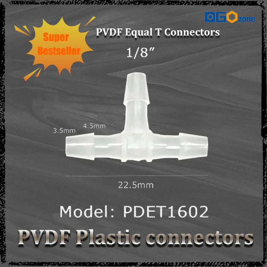 Acoplamento de junta de conector de plástico T 1/8" 3/16" 1/4" 3/8" 5/32" materiais PVDF DGOzone