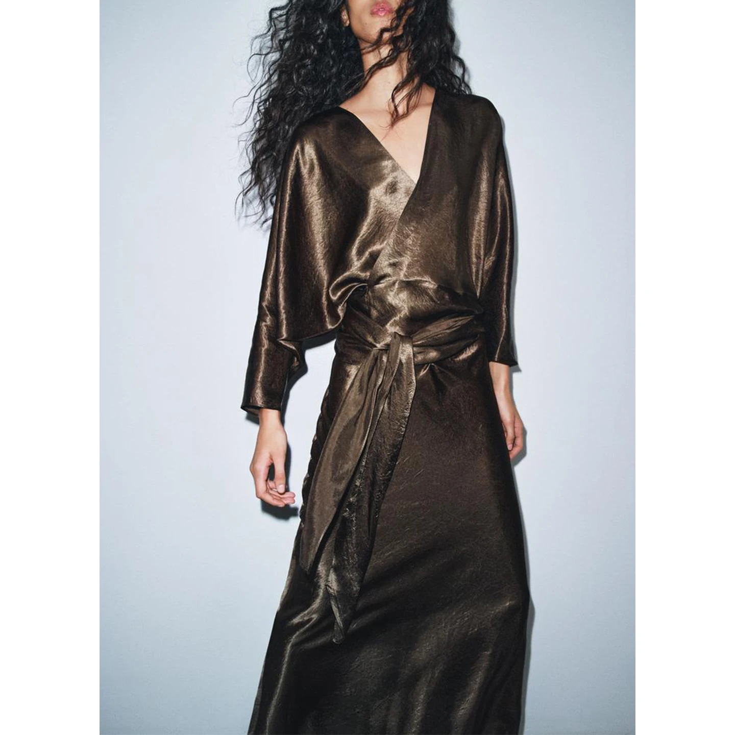 Winter New Arrival Women's Dr  Knot Belt V-ne Long Sve Satin Double-breasted Dr Casual Sle Ci Commute