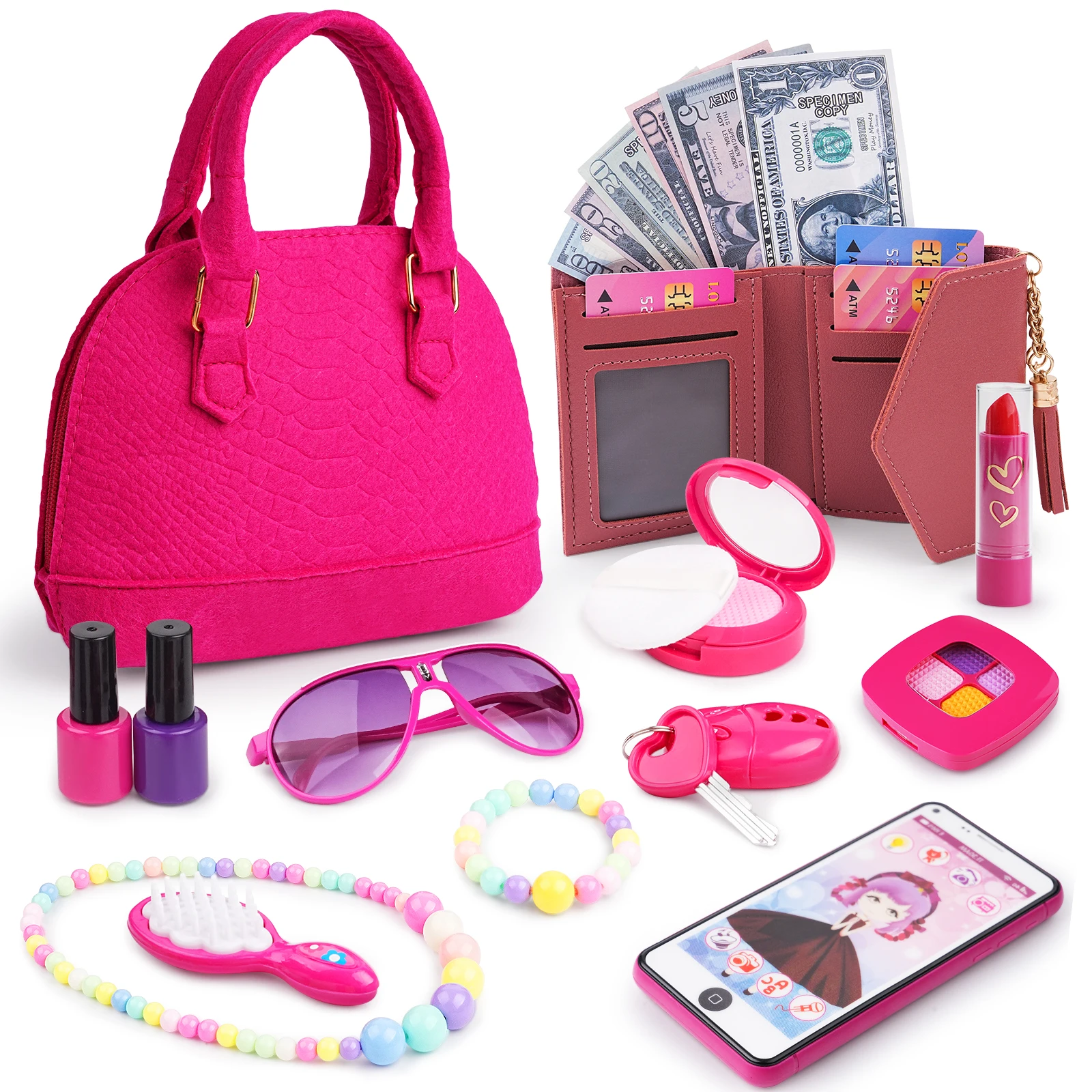 Play Purse for Little Girls, 23PCS Toddler Purse with Pretend Makeup for Toddlers, Princess Toys Includes Handbag, Phone, Wallet