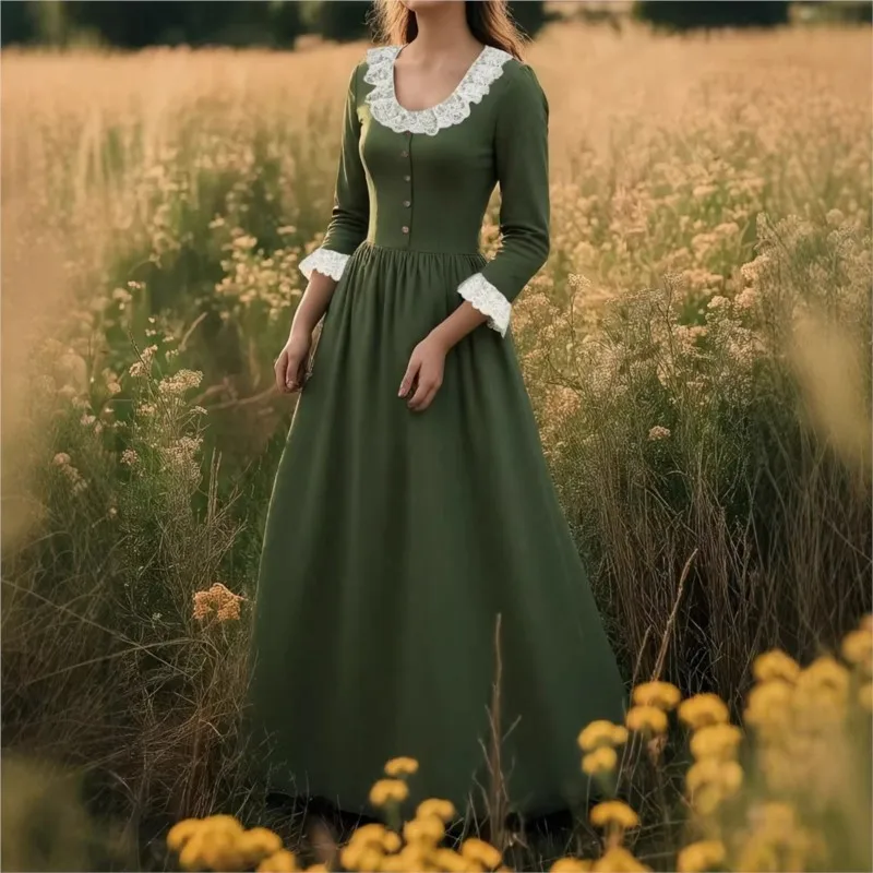 MsChuh A-line Dress Women Casual Dresses Vestidos Retro Pastoral Style Temperament Elegant Dignified Classical Long Sleeves Lace