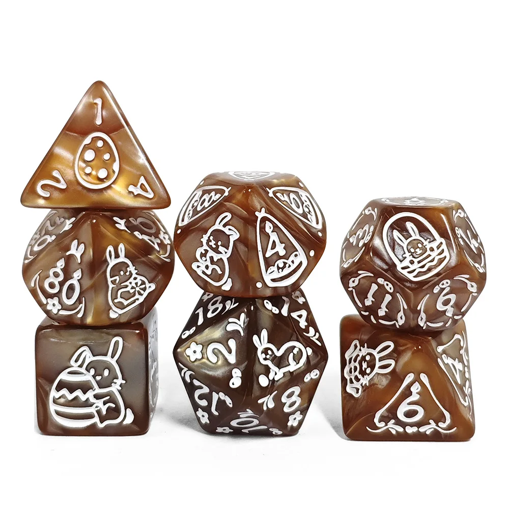 7Pcs Vintage Brown Marble Bunny Pattern Polyhedral Dice Set, Acrylic Carved Rabbit D&D Dice, Easter Gift Dice for MTG Tabletop