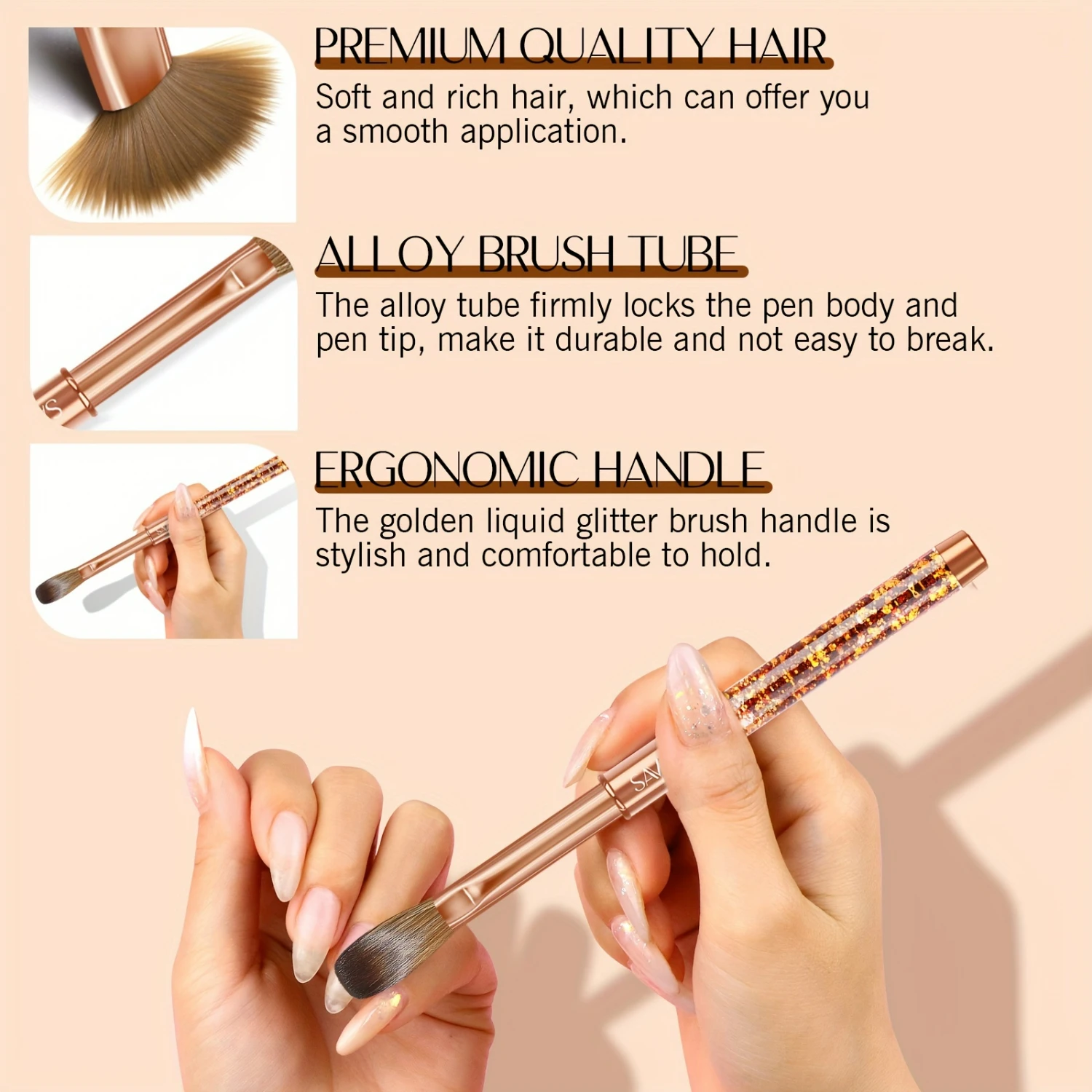 Acrylic Nail Brush Set with Glittery Handle and Alloy Tube for Precise Acrylic Powder Application, Extension, and Nail Carving