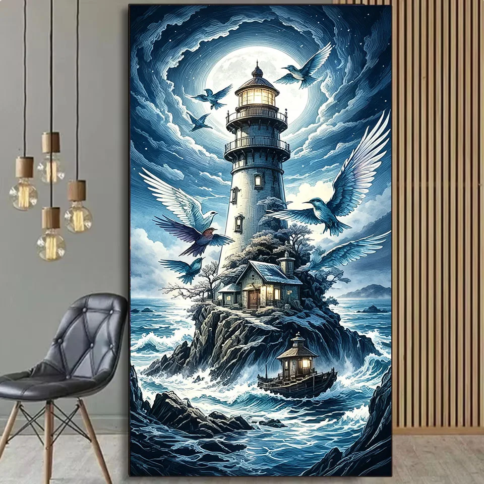 5D DIY Diamond Painting Sea Beach Lighthouse Landscape Birds Full Square Round Drill Diamond Embroidery Mosaic Art Home Decor