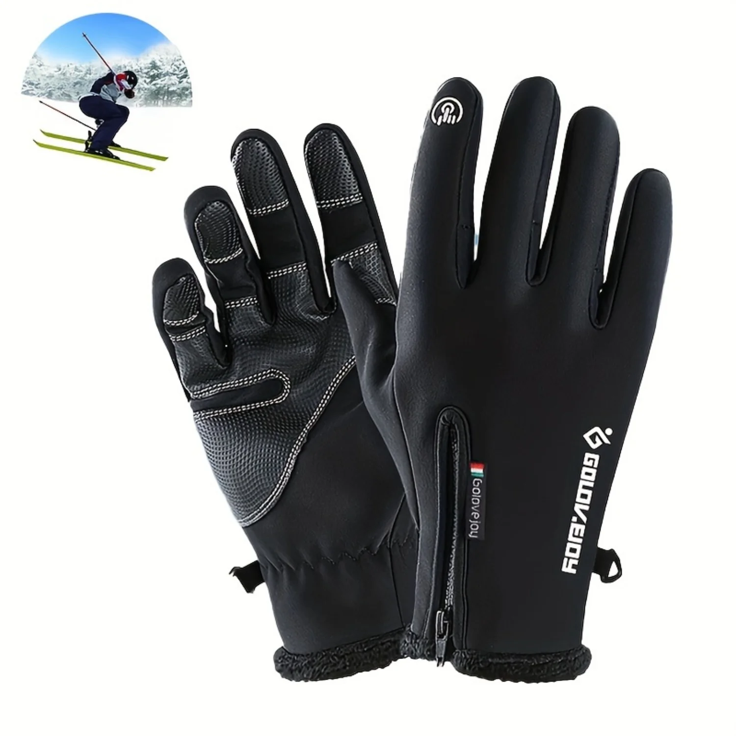 1pair Warm Waterproof Windproof Gloves with Touch Screen Fingers and Fleece Zipper Cover for Motorcycle, Skiing, and Winter Outd