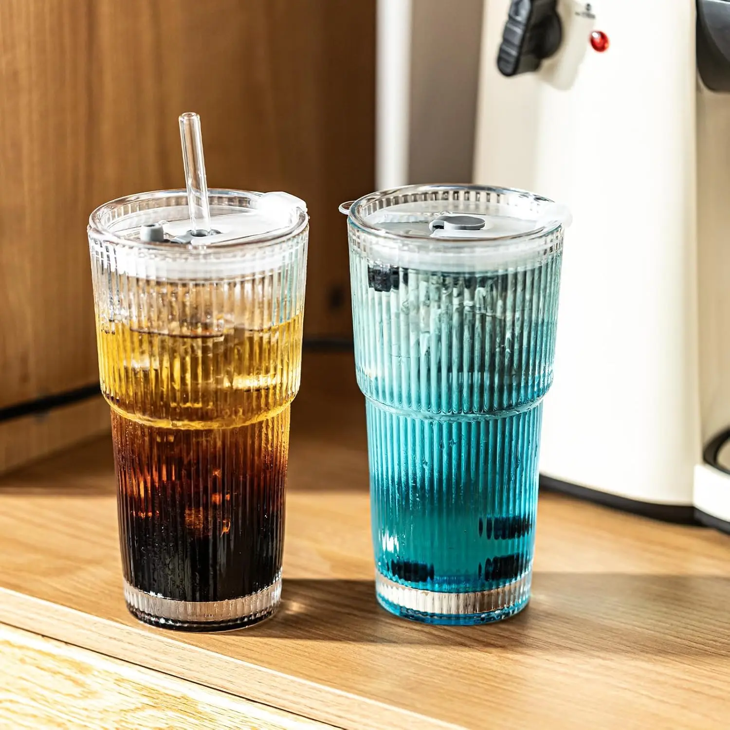 Modern Ribbed Glass Tumbler 20oz, Complete Set with Lid, Glass Straw & Brush, Spill-Resistant Design, for Office & Travel view 3
