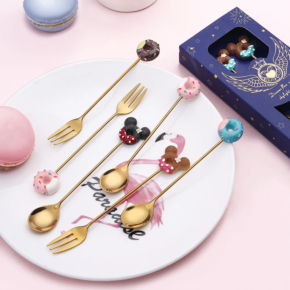 Disney Anime Mickey Mouse Fork Spoon Kawaii Lollipop Donut Tableware Cartoon Dessert Spoon Fork Stirring Spoon Children Gifts