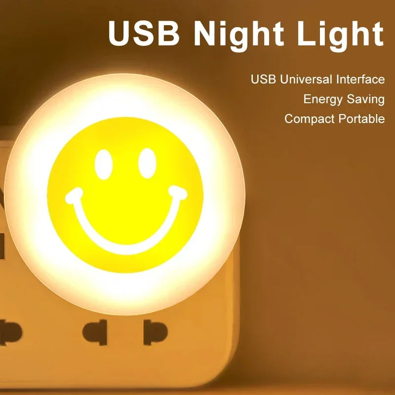 USB Night Light Smile Face Lamp Portable Mini LED Bedside Lantern Book Lights Computer Mobile Power Charging Lighting Kids Gift