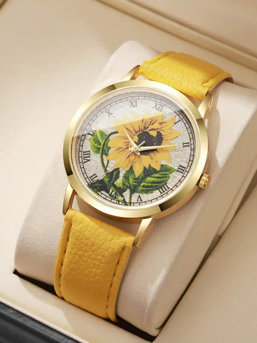

Womens Elegant Sunflower Dial Roman Numeral Casual Leather Strap Quartz Watch