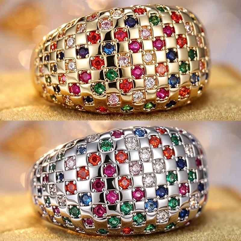 Luxuriöser, modischer, farbenfroher Ring mit synthetischem Zirkonia im Karomuster für Damen, Vintage, zierlich, für Dating, Jubiläum, Schmuckzubehör