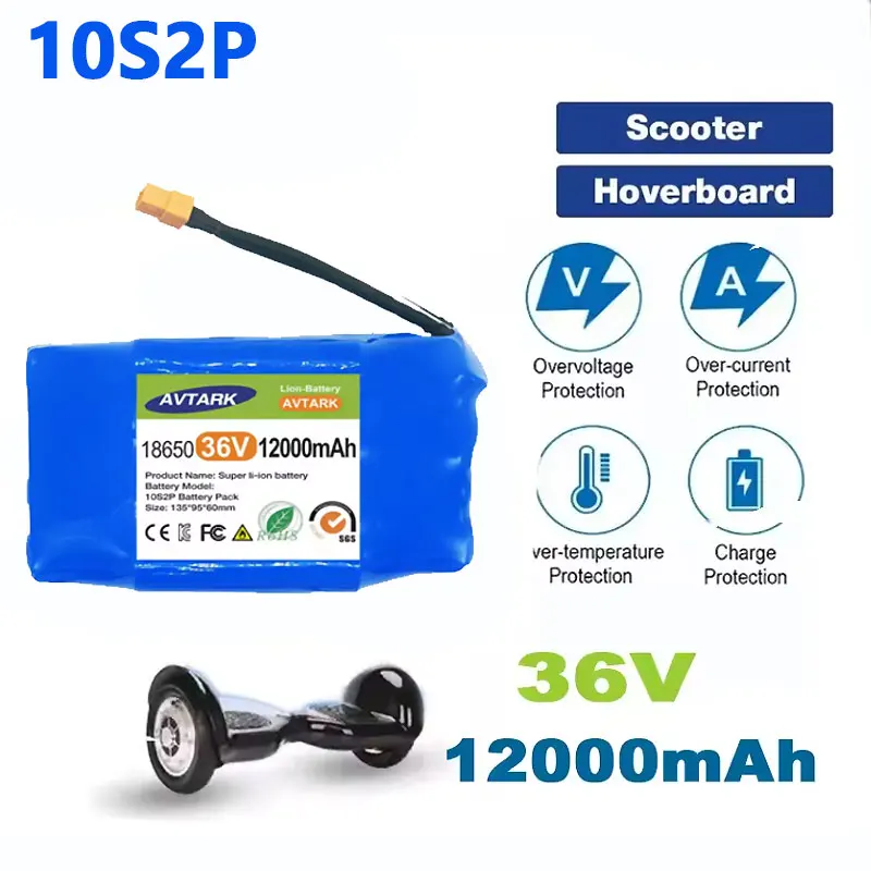 

36V 12Ah 10s2p Lithium Rechargeable Battery,True for Electric Self-balancing Scooter HoverBoard Unicycle, Exceptional Battery