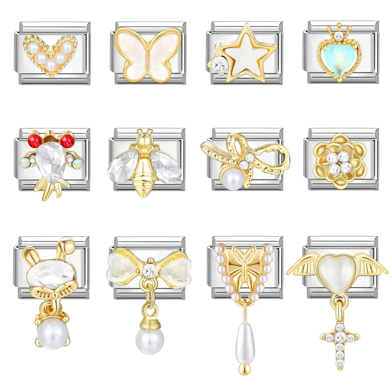 

Shiny Y2K Charm Pearl Butterfly Lobster Bee Fish Italian Charm Links Fit 9MM Bracelet Stainless Steel DIY Jewelry Making