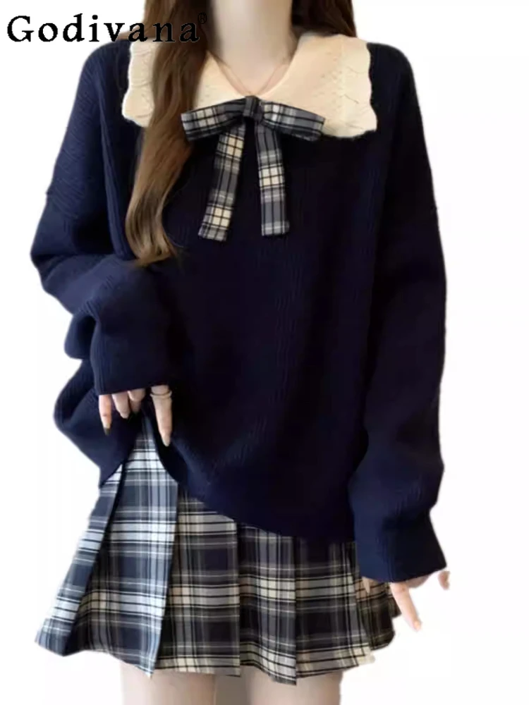 

Plus Size College Contrasting Colors Sweet Peter Pan Collar Knitted Sweater Female Autumn Winter High Waist Plaid Pleated Skirt