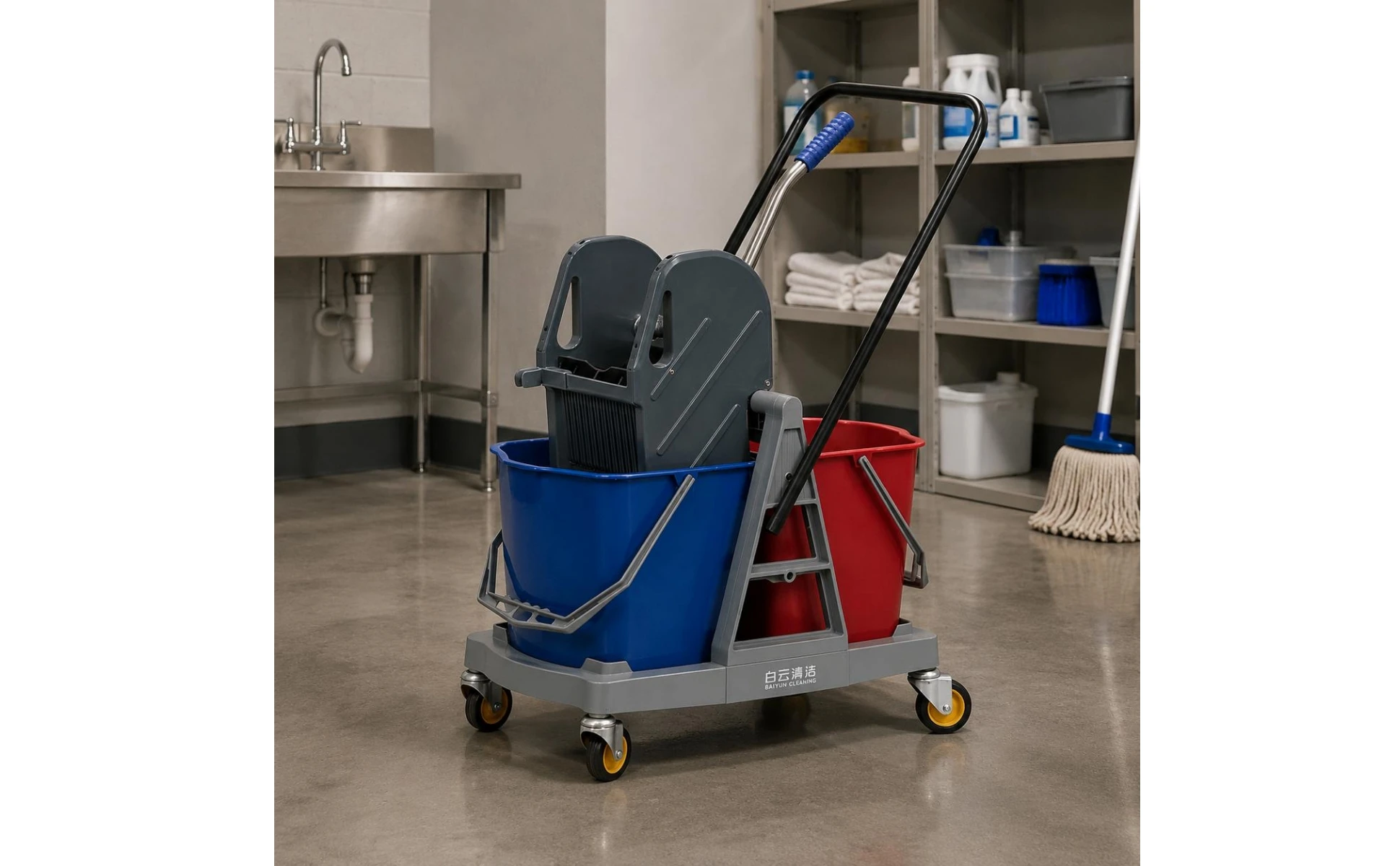 34 Liters Double Bucket Mop Trolley Easy to Move Dual Bucket Wringer Trolley Cleaning Equipment Sturdy Plastic Body for Hotel