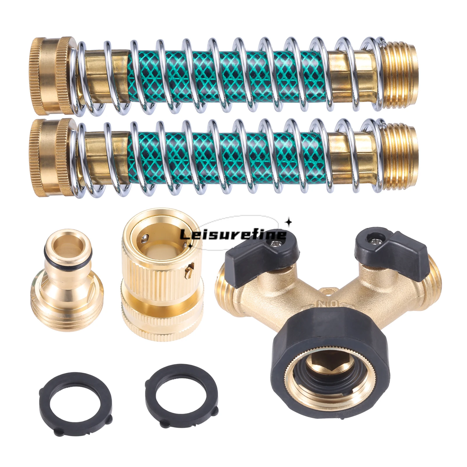 

2 Way Brass Hose Splitter Connector Brass Coiled Spring Extension Protector Adapter Rubber Washers O-rings Garden Pipe Connector