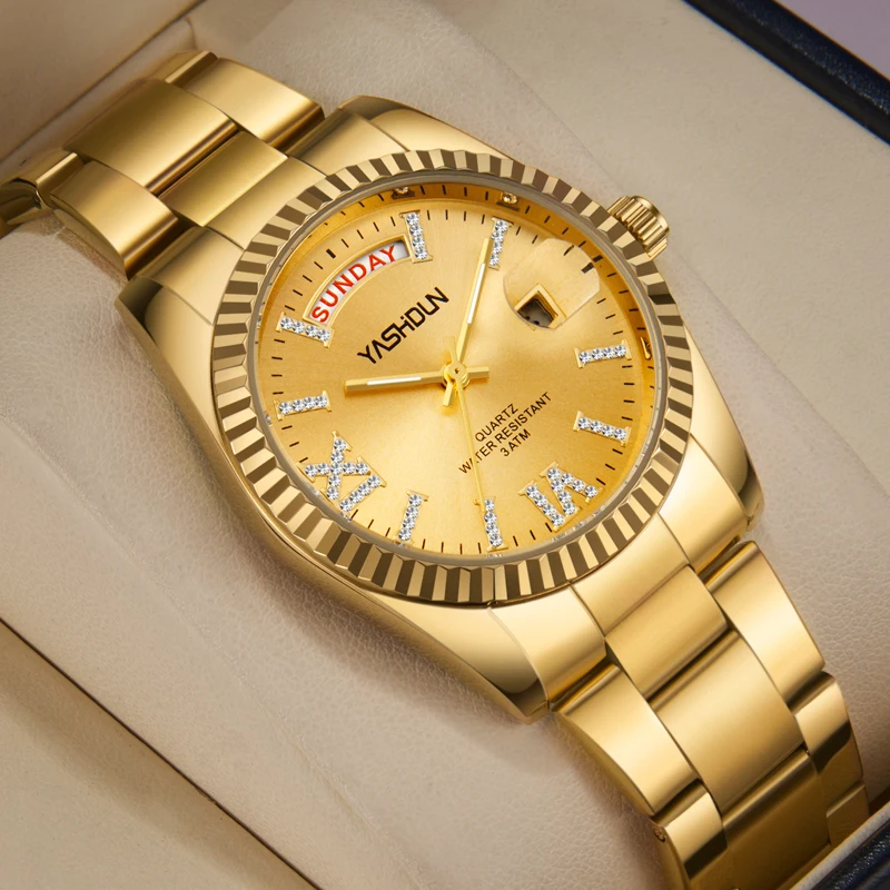 ساعة رجالي ماركة YASHIDUN باللون الذهبي مقاومة للماء كوارتز ساعة رجالية بتصميم مذكرات رومانية للرجال ساعة يد من الفولاذ المقاوم للصدأ