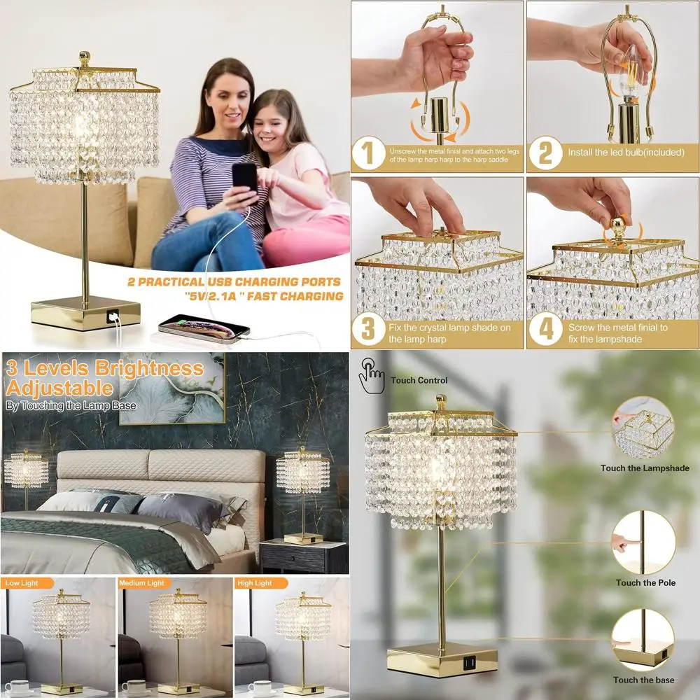 

Пара из 2-х USB-настольных ламп с кристаллами, сенсорное управление, регулировка яркости, с хрустальным плафоном, светодиодная лампа 6 Вт в комплекте, подходят для спальни и гостиной.
