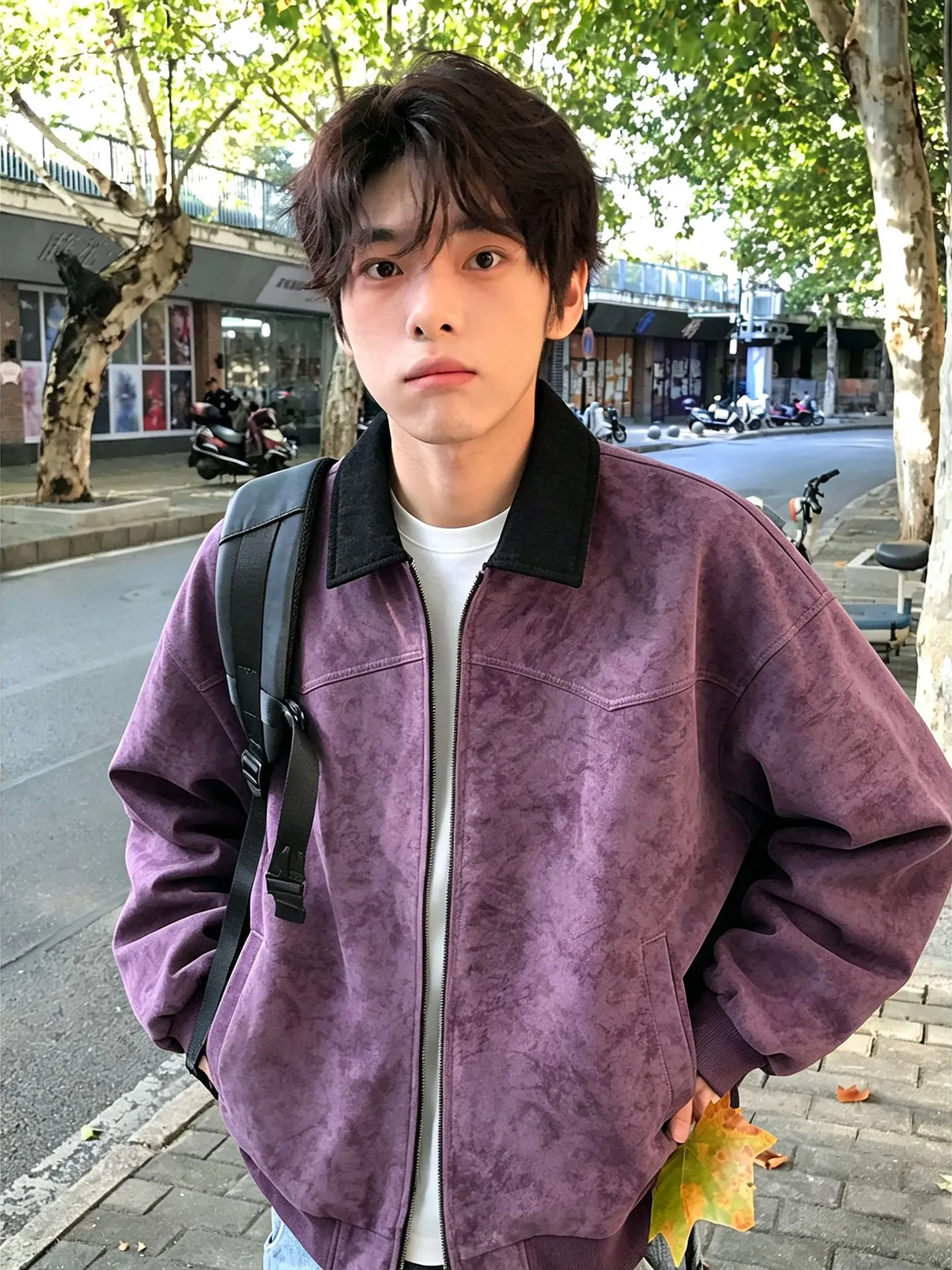 Purple Dyed Short PU Leather Flight Jacket Collared Workwear Baseball Uniform Men's Autumn American Barn Style Coat