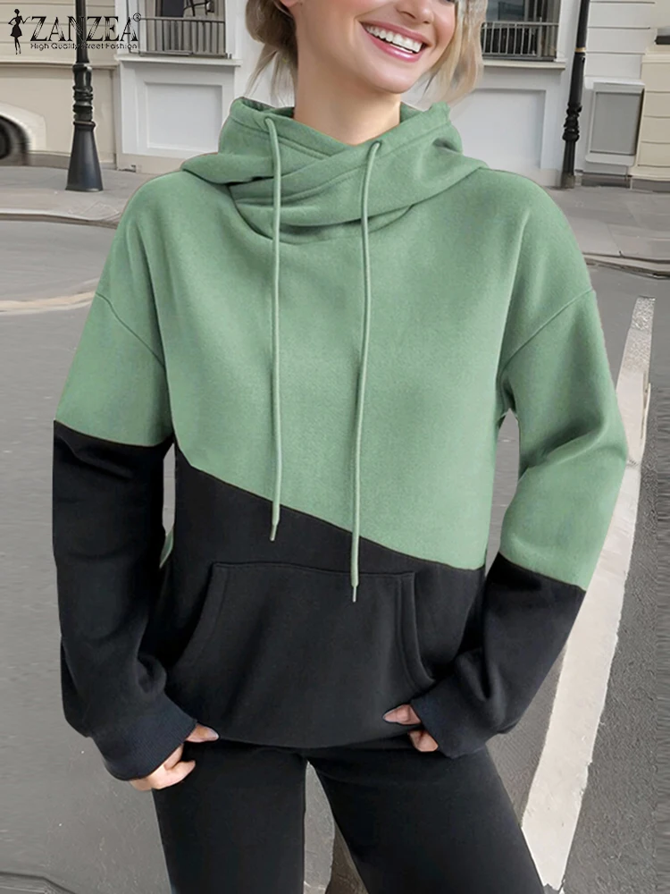 ZANZEA Holiday Hooded Drawstring Tops Women Colorblock Hoodies Fashion Long Sleeve Sweatshirt 2024 Autumn New All-match Pullover