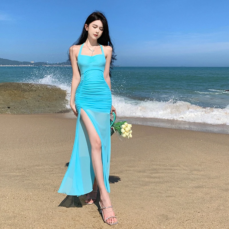 Dujia Aphrodite Beauty Goddess Arrival Halter Neck Long Dress Lake Blue Dress