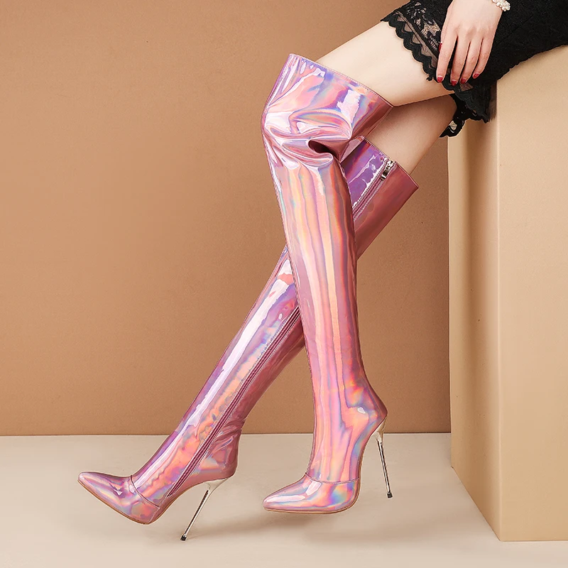 

Patent Leather Over the Knee High Boots Women Sexy Party Dance Winter Shoes Ladies Pink Silver Gold Heels Long Boot Big Size 45