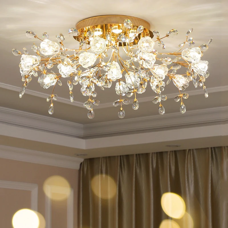 Round LED Ceiling Chandelier Lights Crystal Glass Art Flower Dining Room Hanging Lamp Girl Bedroom Lighting Fixture