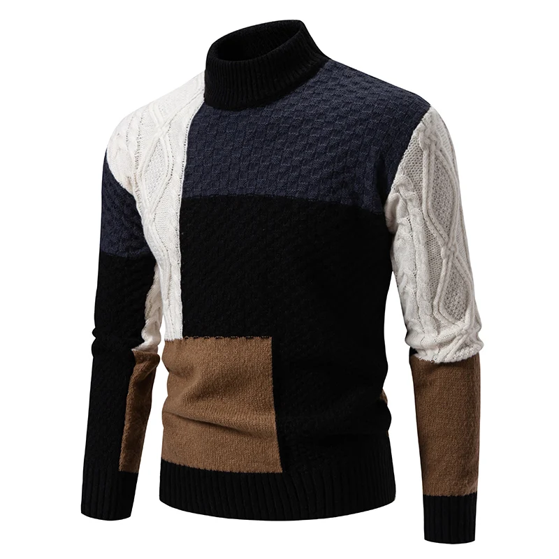 Autumn Winter Men\'s Fashion Patchwork Knit Pullovers Slim Fit Casual Knitted Sweater Men Mock Neck Vintage Streetwear Knitwear